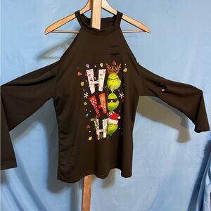 Black Christmas Grinch cold shoulder Long Sleeve Top with Colorful Graphic